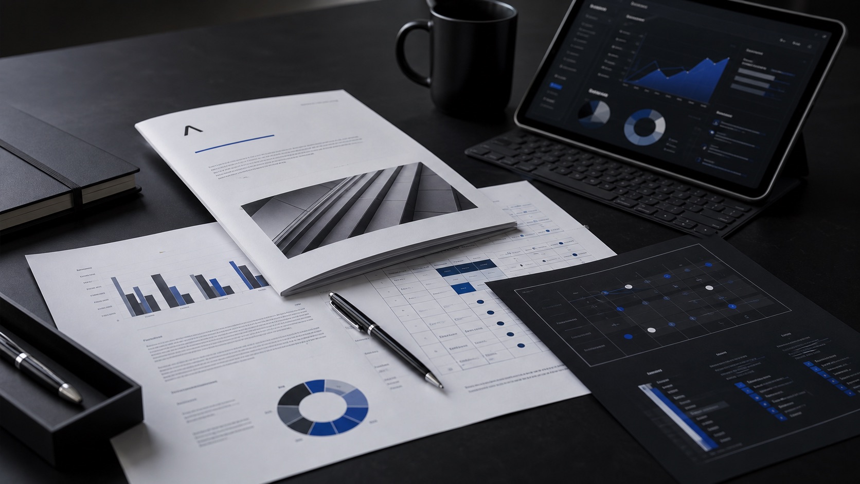 Reportes ejecutivos, matriz de riesgos, roadmap y dashboard sobre una mesa de trabajo.