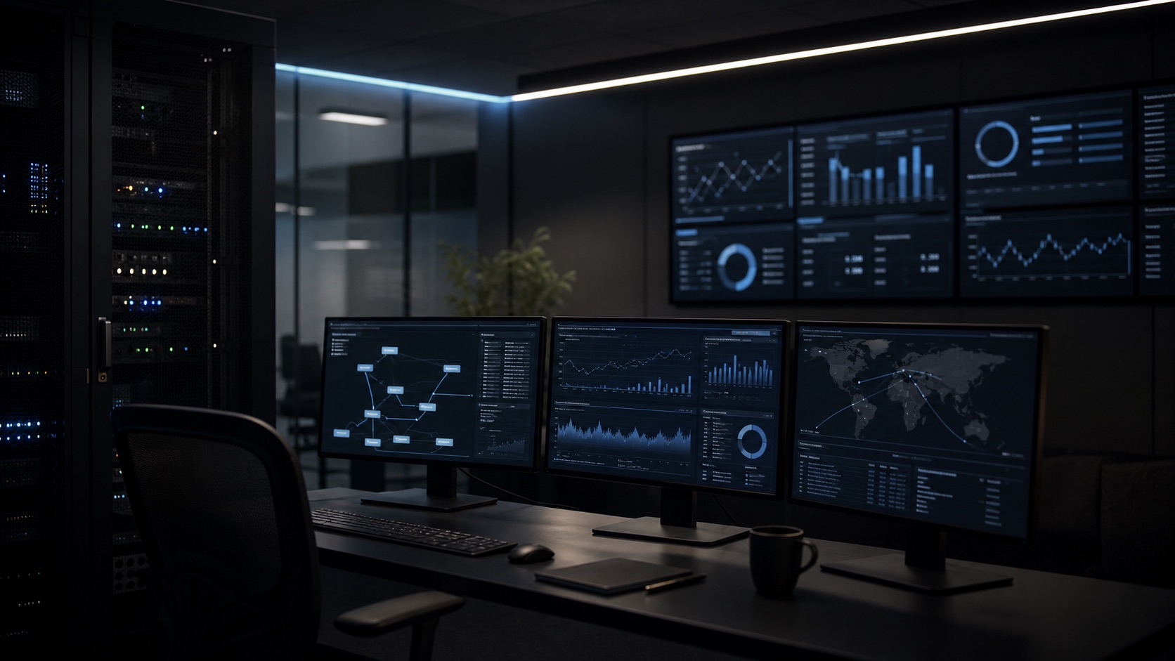 Sala de operación tecnológica con monitores de continuidad, datos e infraestructura.