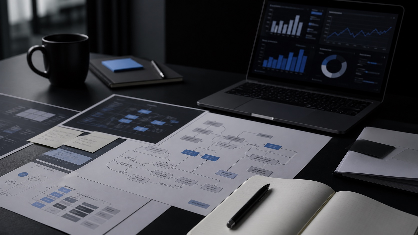 Mesa de diagnóstico operacional con mapas de procesos, paneles de datos y documentos de análisis.